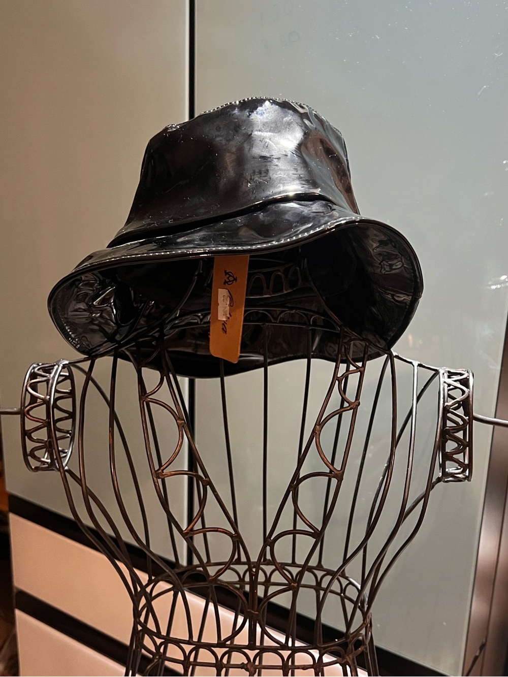 Sleek Black Patent Leather Bucket Hat Glossy Rain Cap Excellent Condition